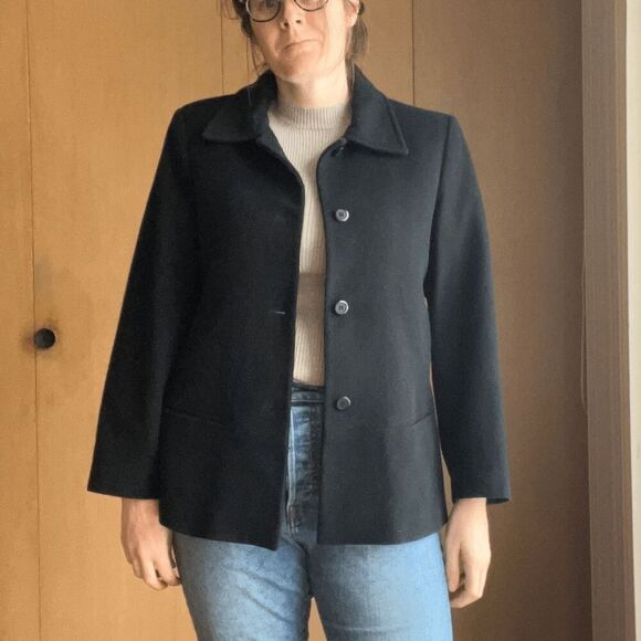 Old Money Timeless Black Mid-weight Wool Button-Up Coat Jacket Size L - Picture 1 of 8